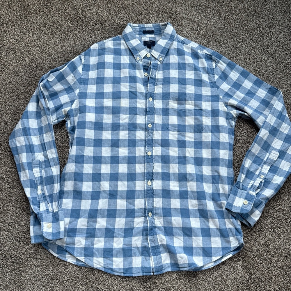 J.Crew Women’s Large Slim Fit Homespun Blue and White Check Button-Down Shirt